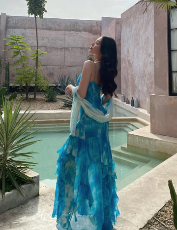 Blue Sheath Spaghetti Straps Beaded Ruffle Chiffon Prom Dress Evening Dress HZ1023